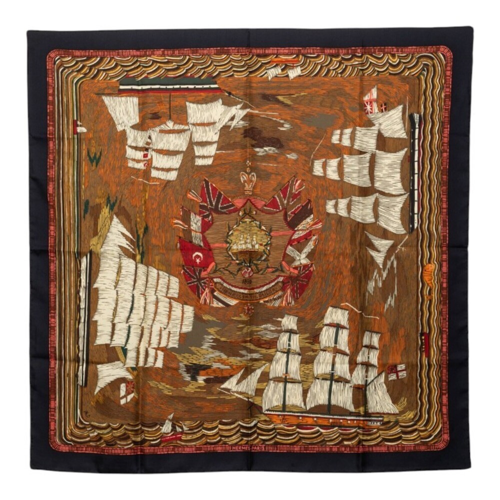 Hermes Carre 90 Henry F. Smith SAILOR 1880 Scarf/Muffler, Brown/Multicolor Si...